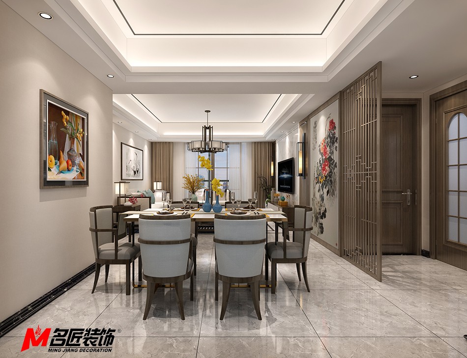 新中式风格室内装修设计效果图-青岛中海寰宇三居123平米